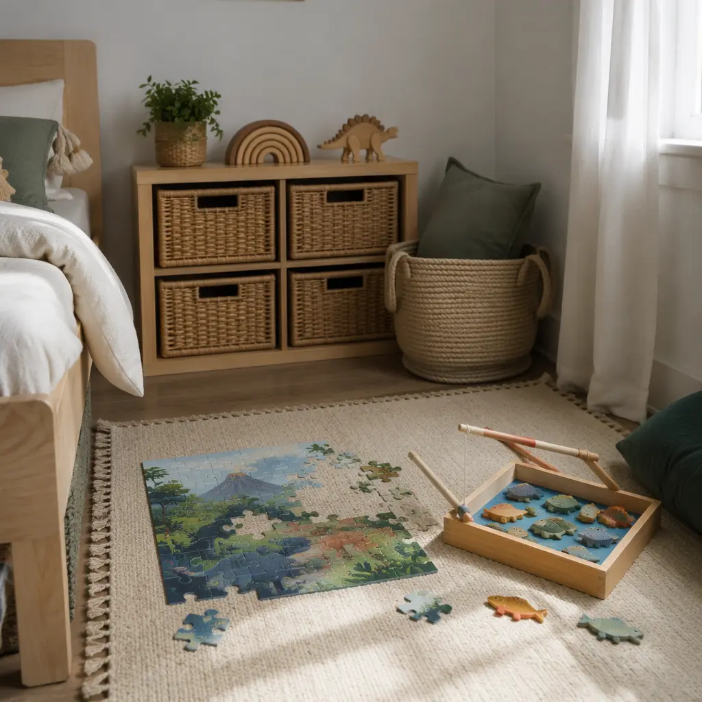 Floor puzzle and magnetic fishing game stored in a preschool bedroom