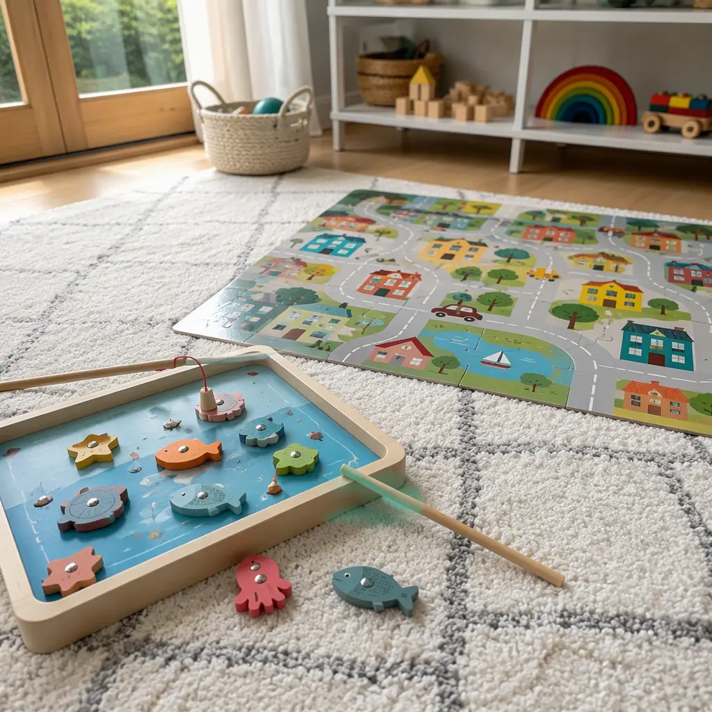Magnetic fishing game and floor puzzle set out on a preschool playroom rug