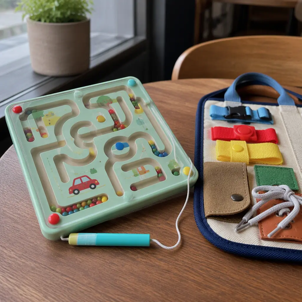 Close-up of portable magnetic maze and busy board toys on a cafe table