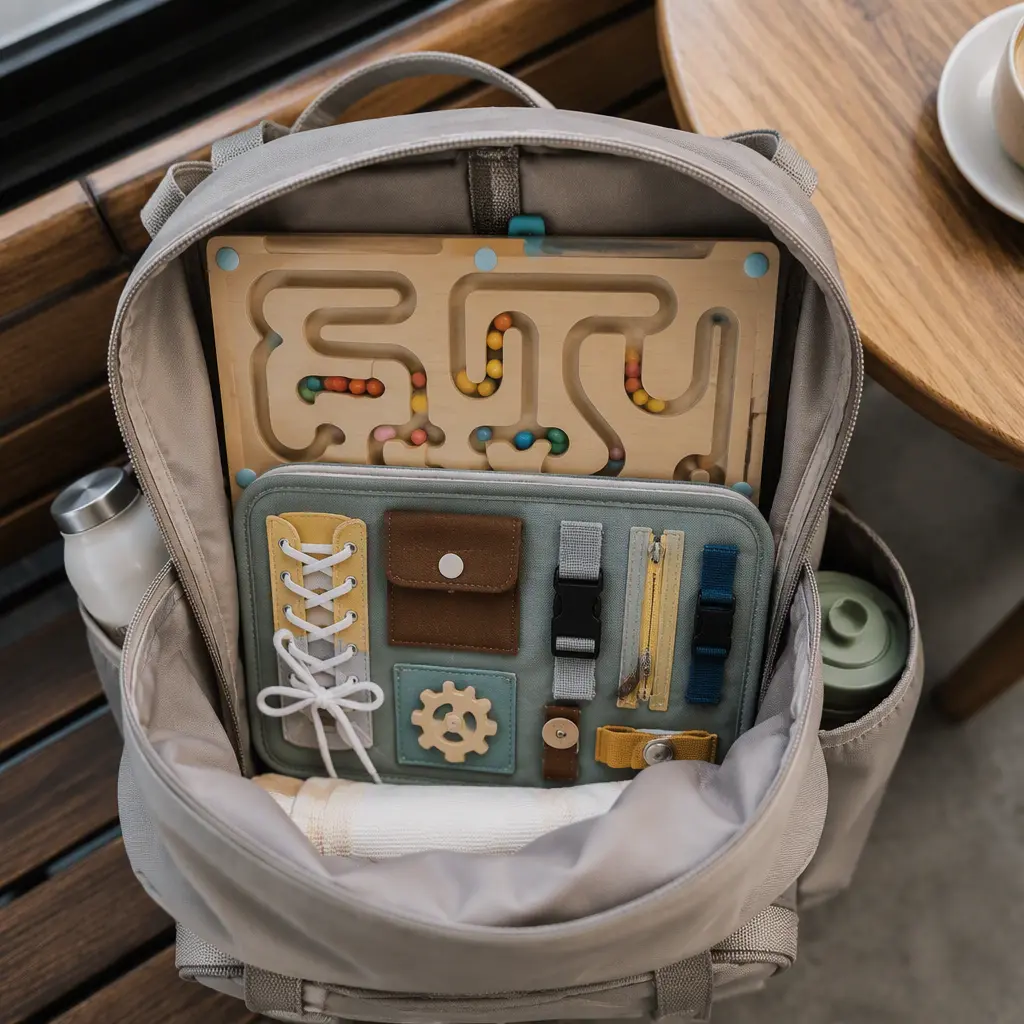 Compact travel toys packed inside a backpack for restaurant outings