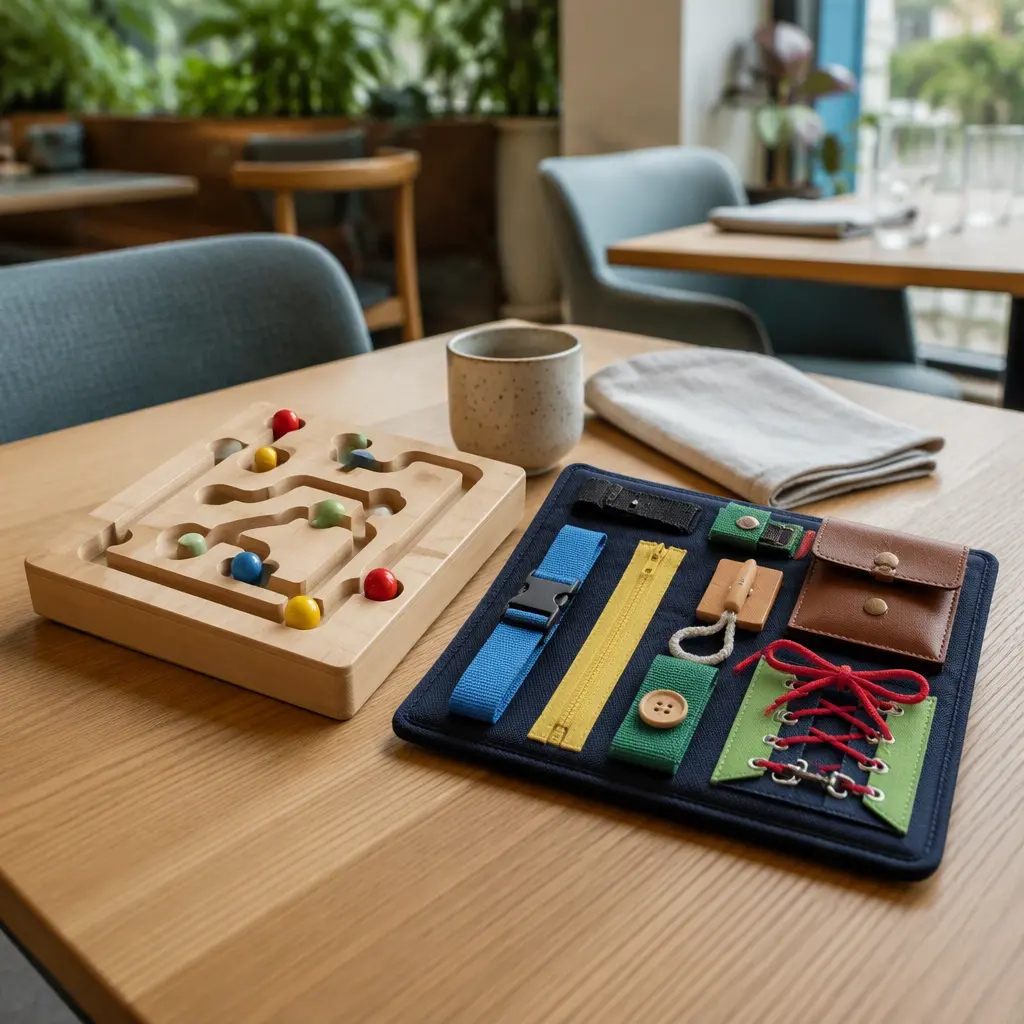 Magnetic maze and busy board travel toys on a restaurant table in soft natural light