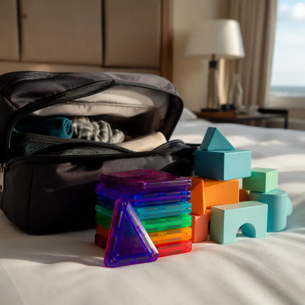 Compact travel toys including magnetic tiles and foam blocks packed for a hotel stay