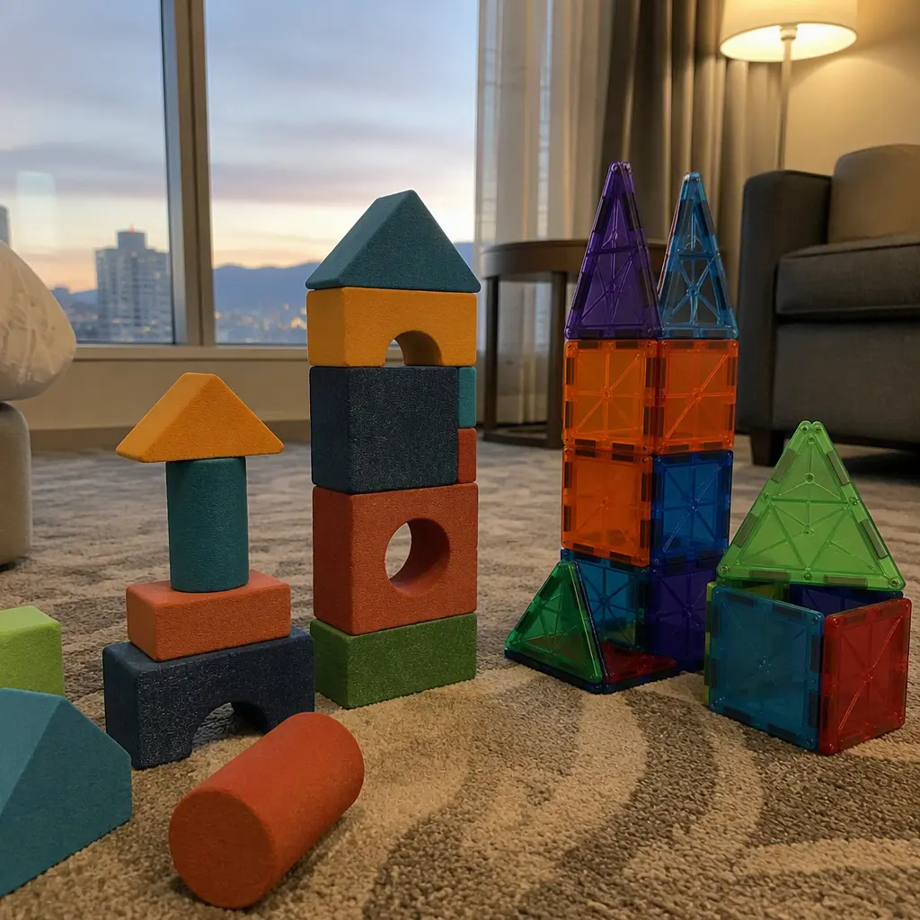 Foam block towers and magnetic tile structures in a hotel room play space