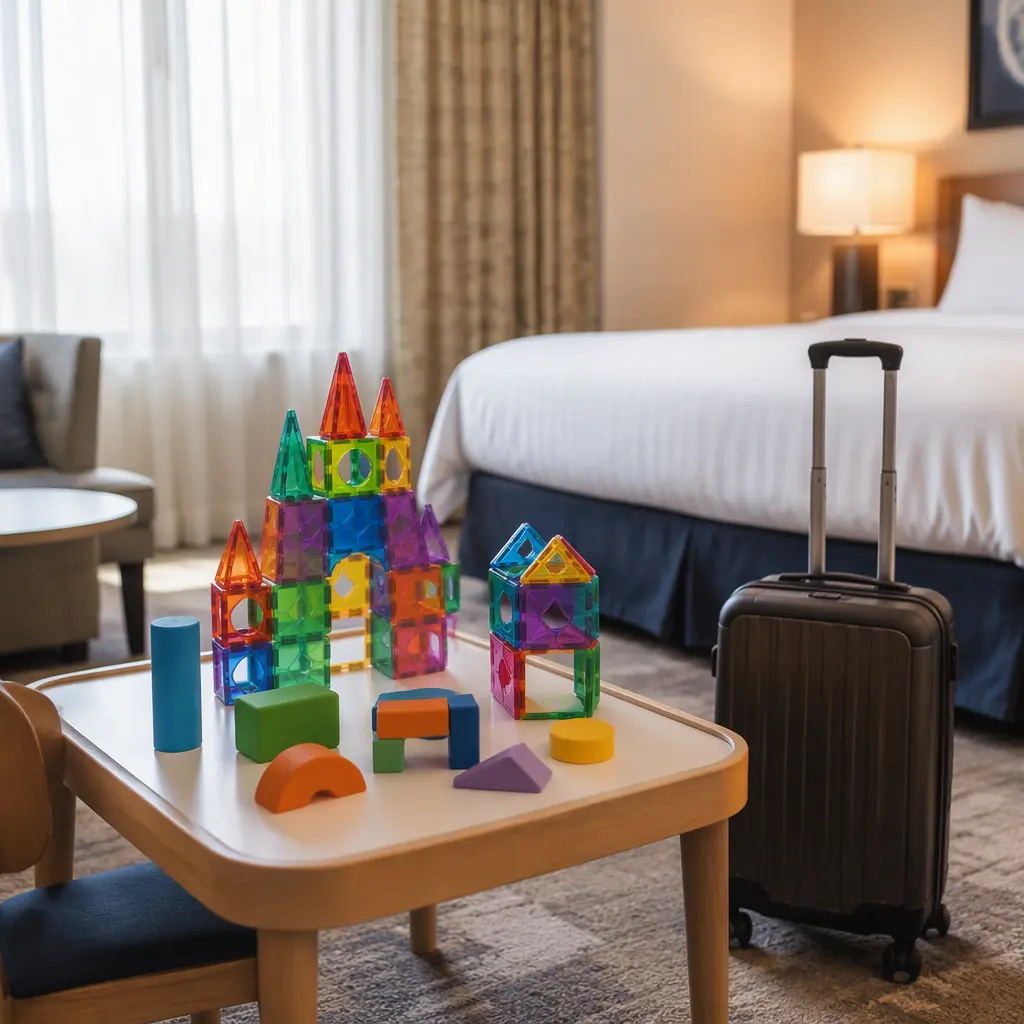 Magnetic tiles and foam blocks arranged in a hotel room play area beside luggage