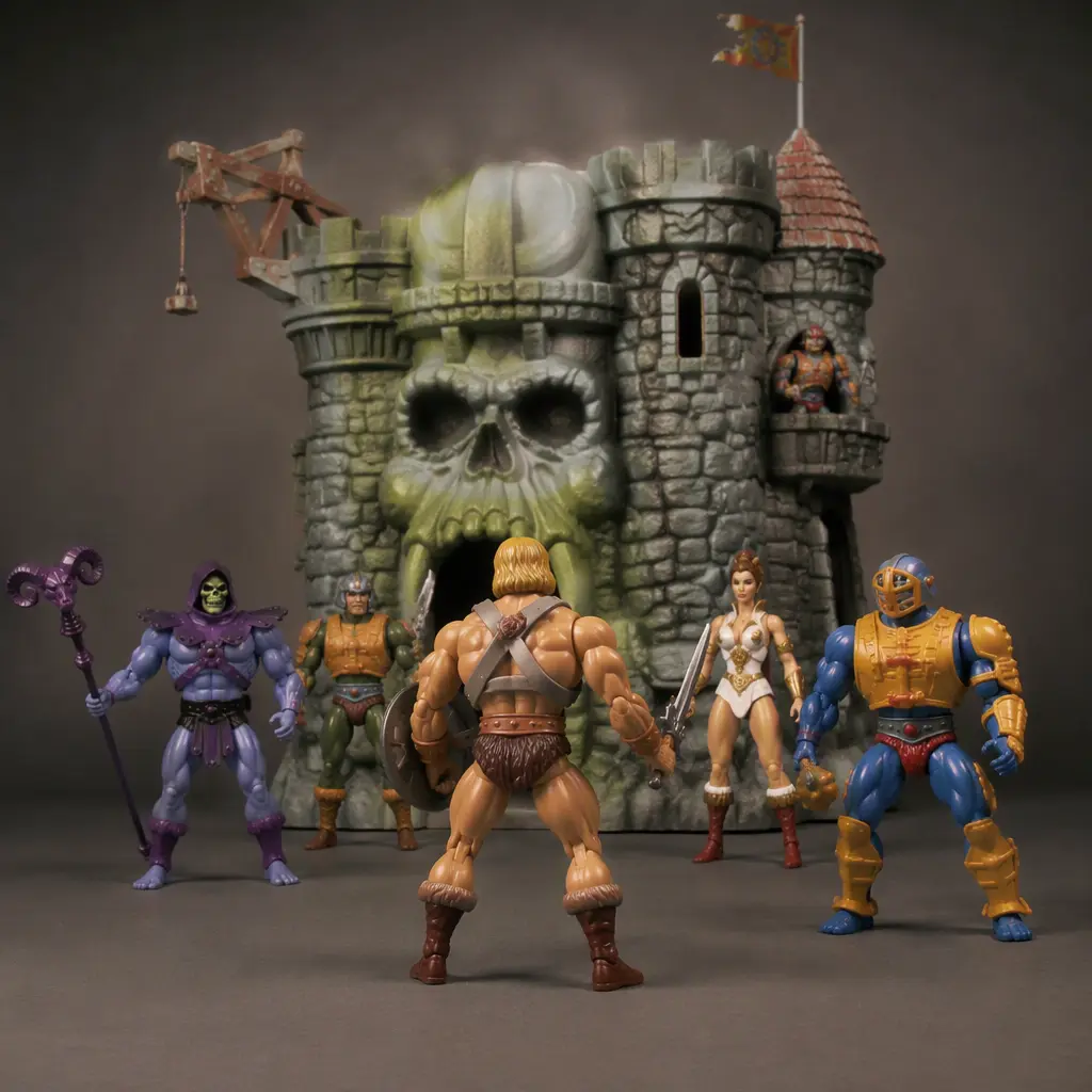 Fantasy action figures and castle-themed playset displayed in a studio setting