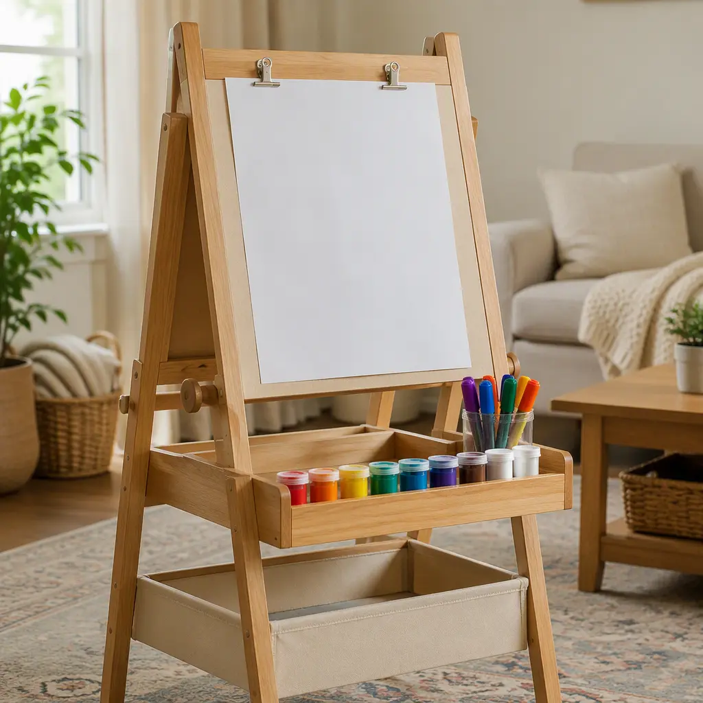 Children's wooden easel with art paper and washable paints in a family room