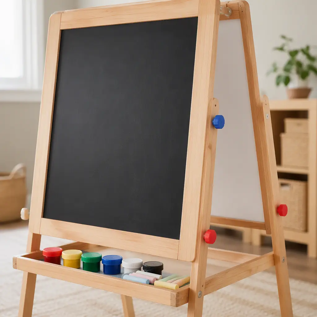 Close-up of a wooden children's easel with chalkboard and whiteboard surfaces