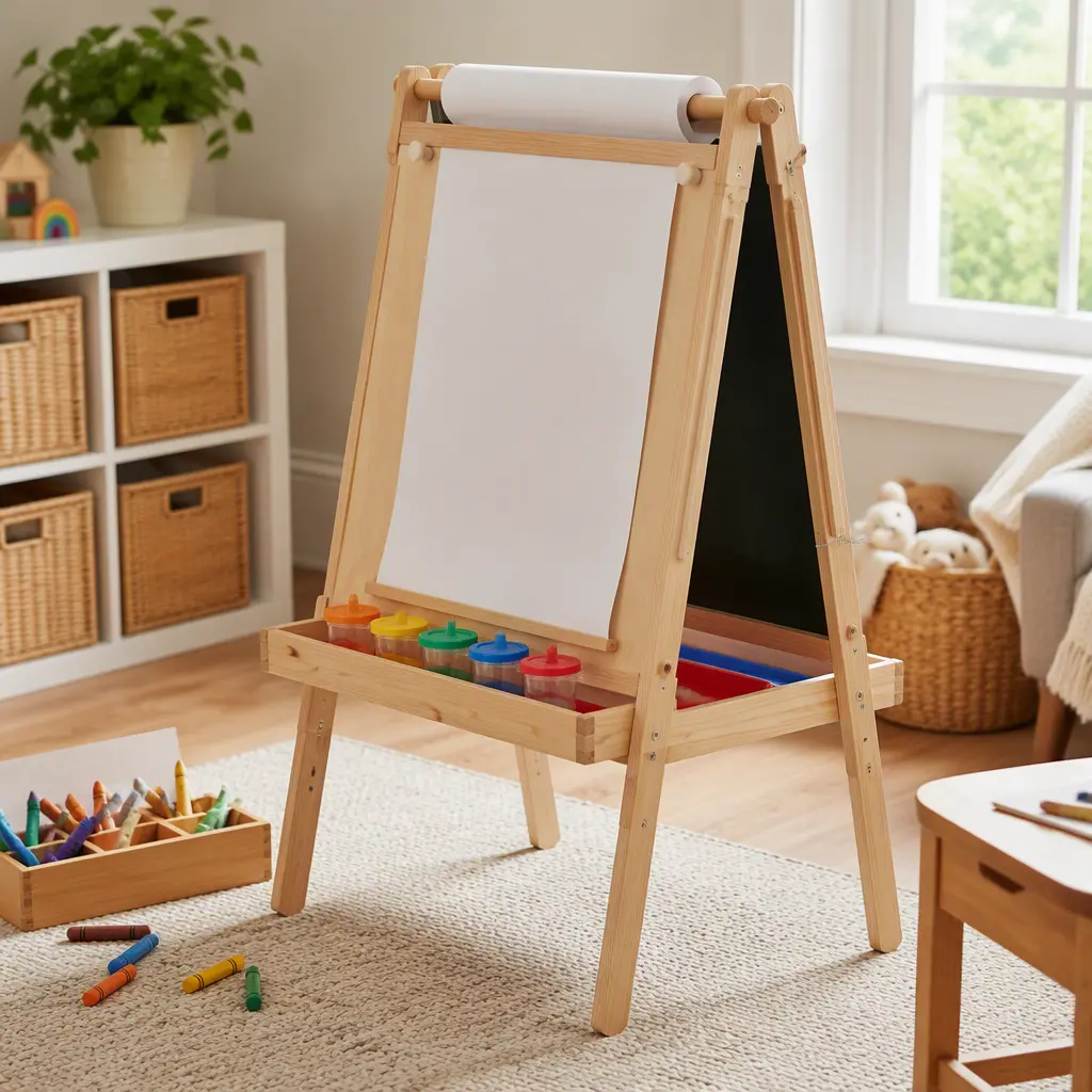 Wooden standing children's art easel in a bright playroom with art supplies nearby