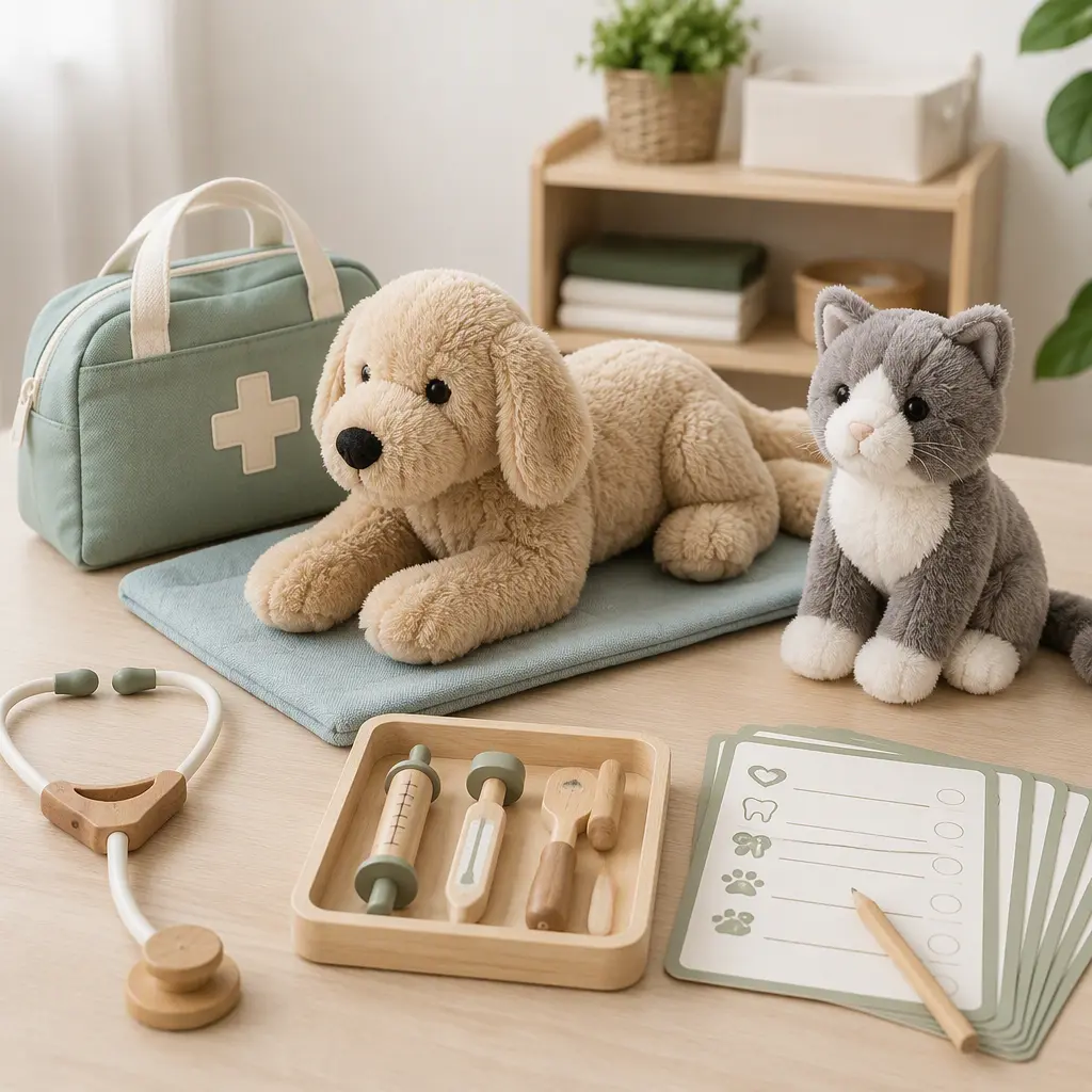 Pretend veterinary play set with plush pets and toy examination tools
