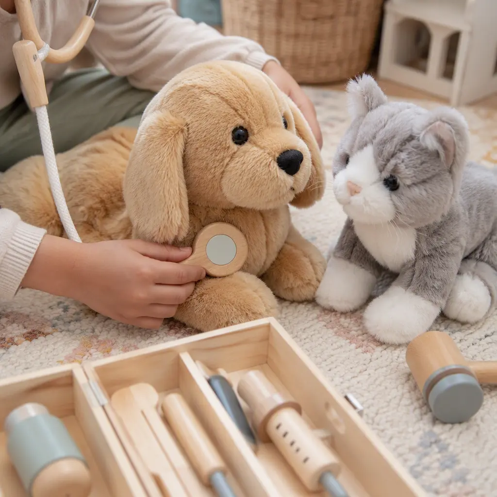 Close-up of plush toy pets during pretend veterinary play