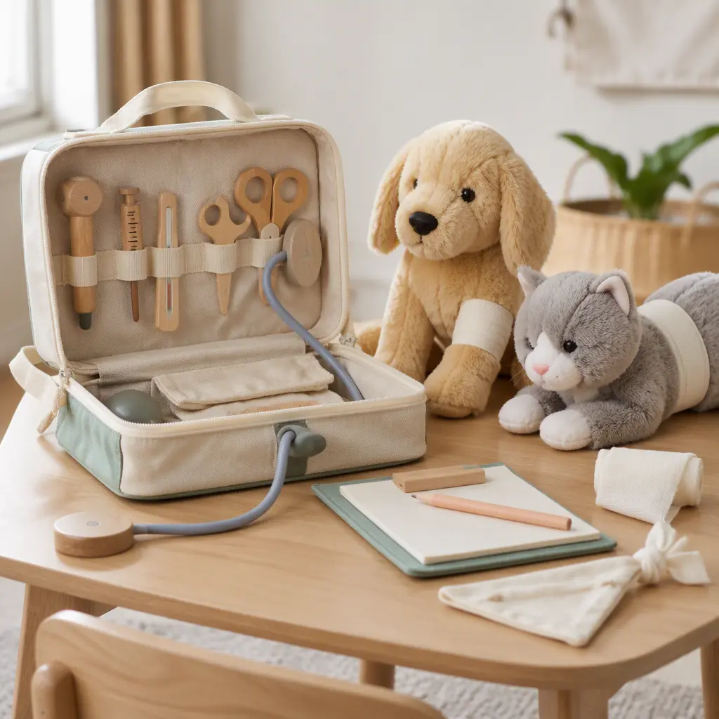 Toy veterinarian play set with plush pets and pretend medical tools arranged on a small table