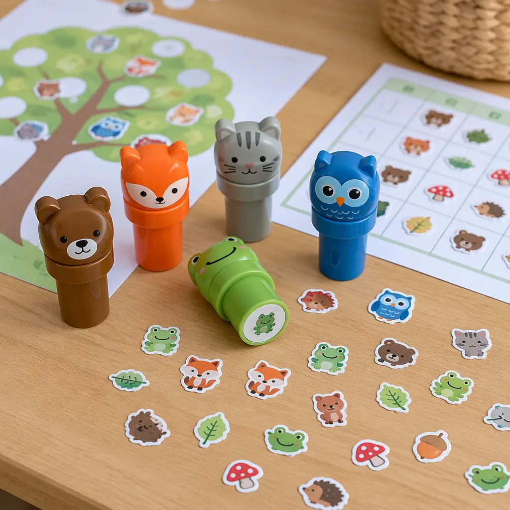 Animal-themed sticker stampers with colorful sticker activities in progress