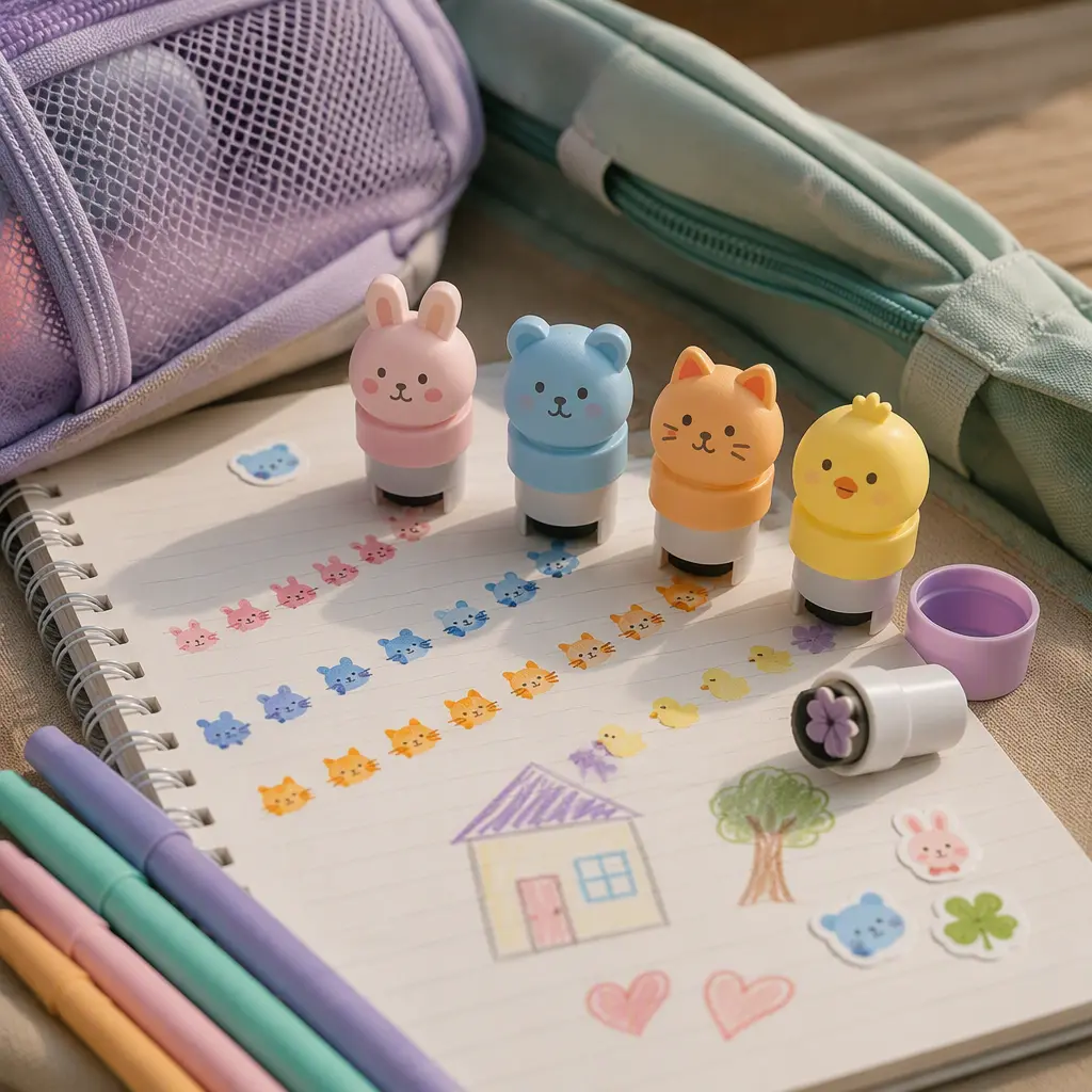 Portable sticker stamper craft activity beside a backpack