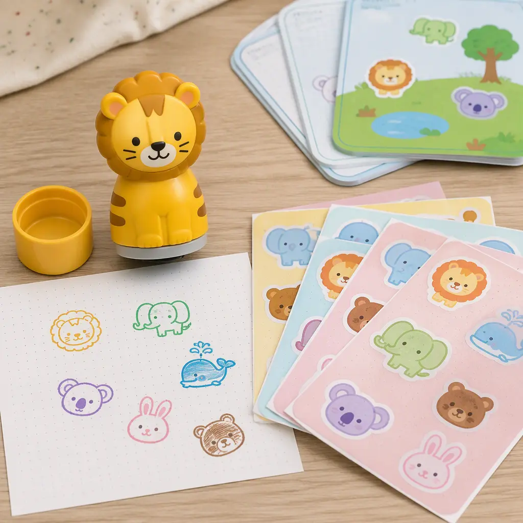 Animal-shaped sticker stamper with colorful sticker activities on a table
