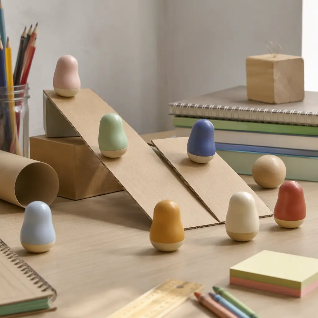 Bean-shaped wobbling toys displayed with cardboard ramps and school supplies