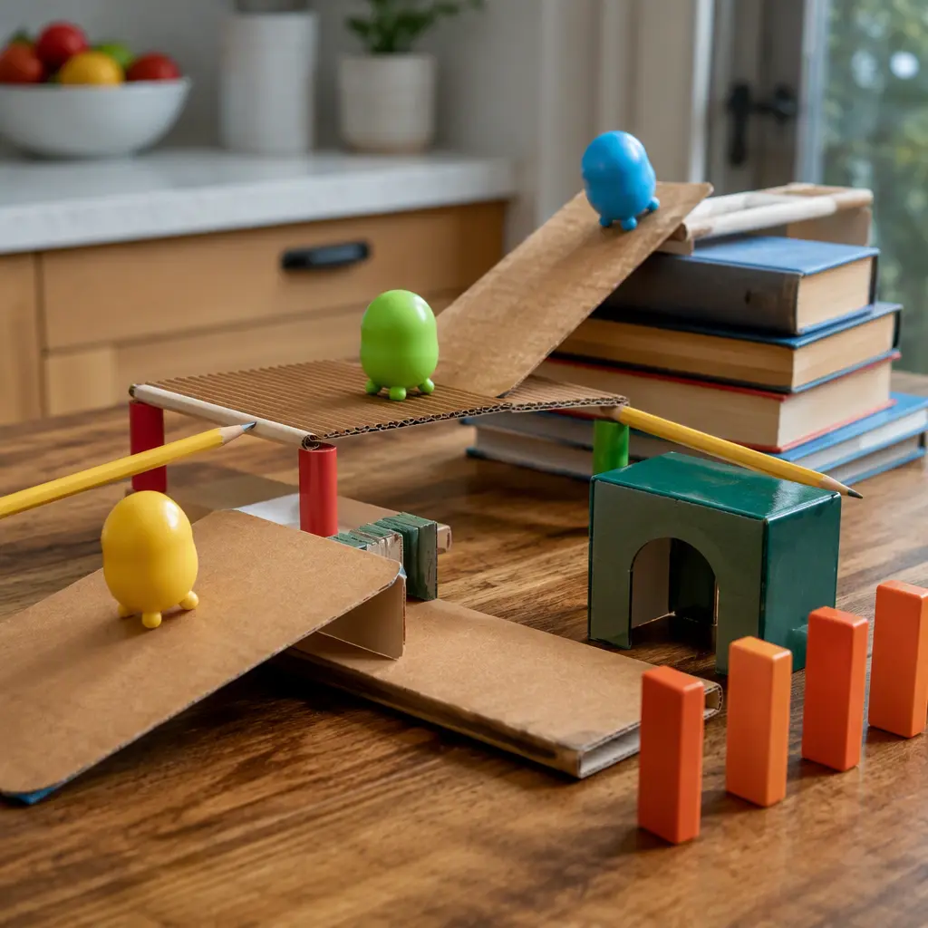 Bean-shaped toys rolling through a homemade obstacle course on a table