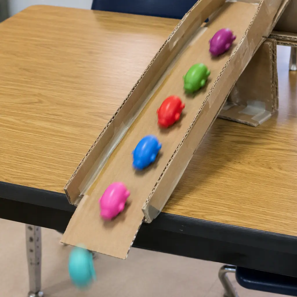 Colorful bean-shaped collectible toys rolling down a cardboard ramp on a lunch table
