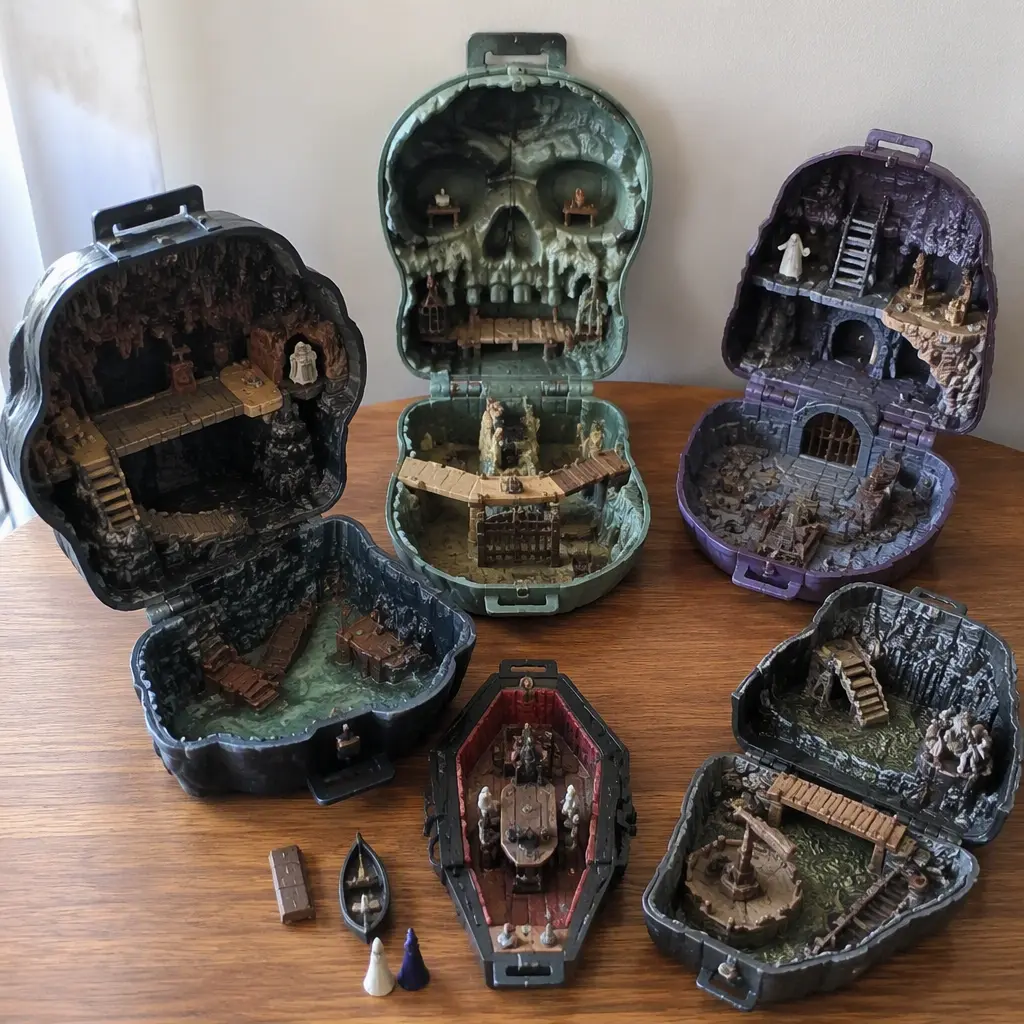 Several fold-out miniature adventure playsets displayed open on a tabletop.