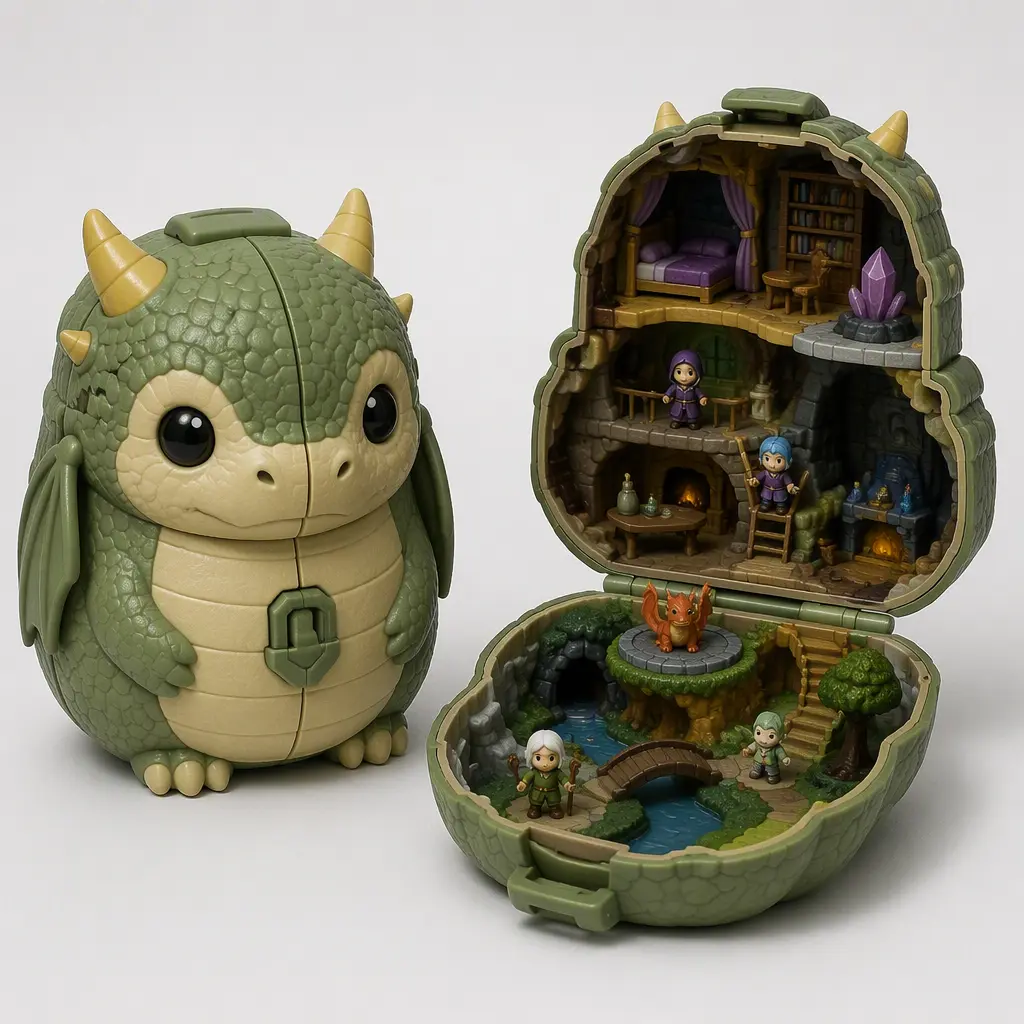 A compact creature-shaped playset shown both closed and opened to reveal its interior world.