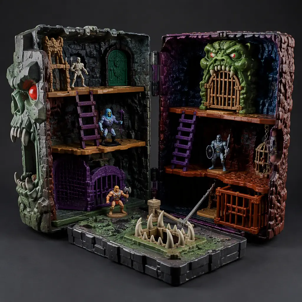 A compact fold-out adventure playset opened to show miniature monster-themed rooms and tiny figures.