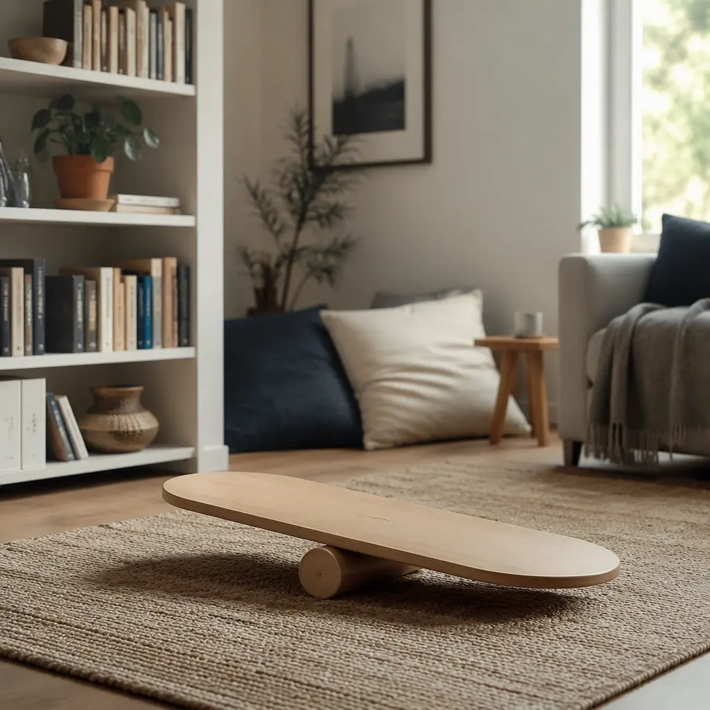 Wooden balance board in a quiet apartment living room
