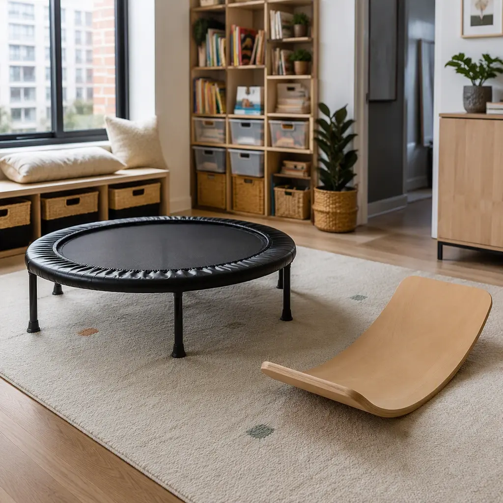 Mini trampoline and wooden balance board in a bright indoor playroom