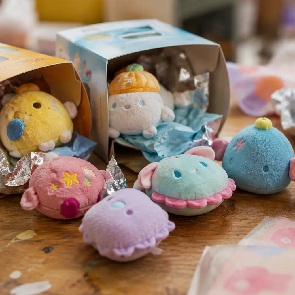 Mystery plush toys displayed beside opened surprise boxes on a craft table
