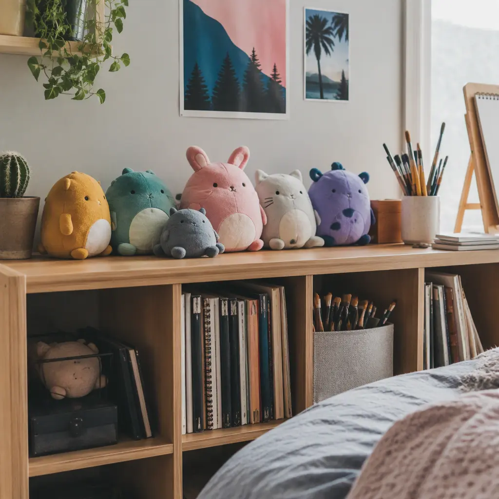 Assorted collectible plush toys displayed on a bedroom shelf beside art supplies