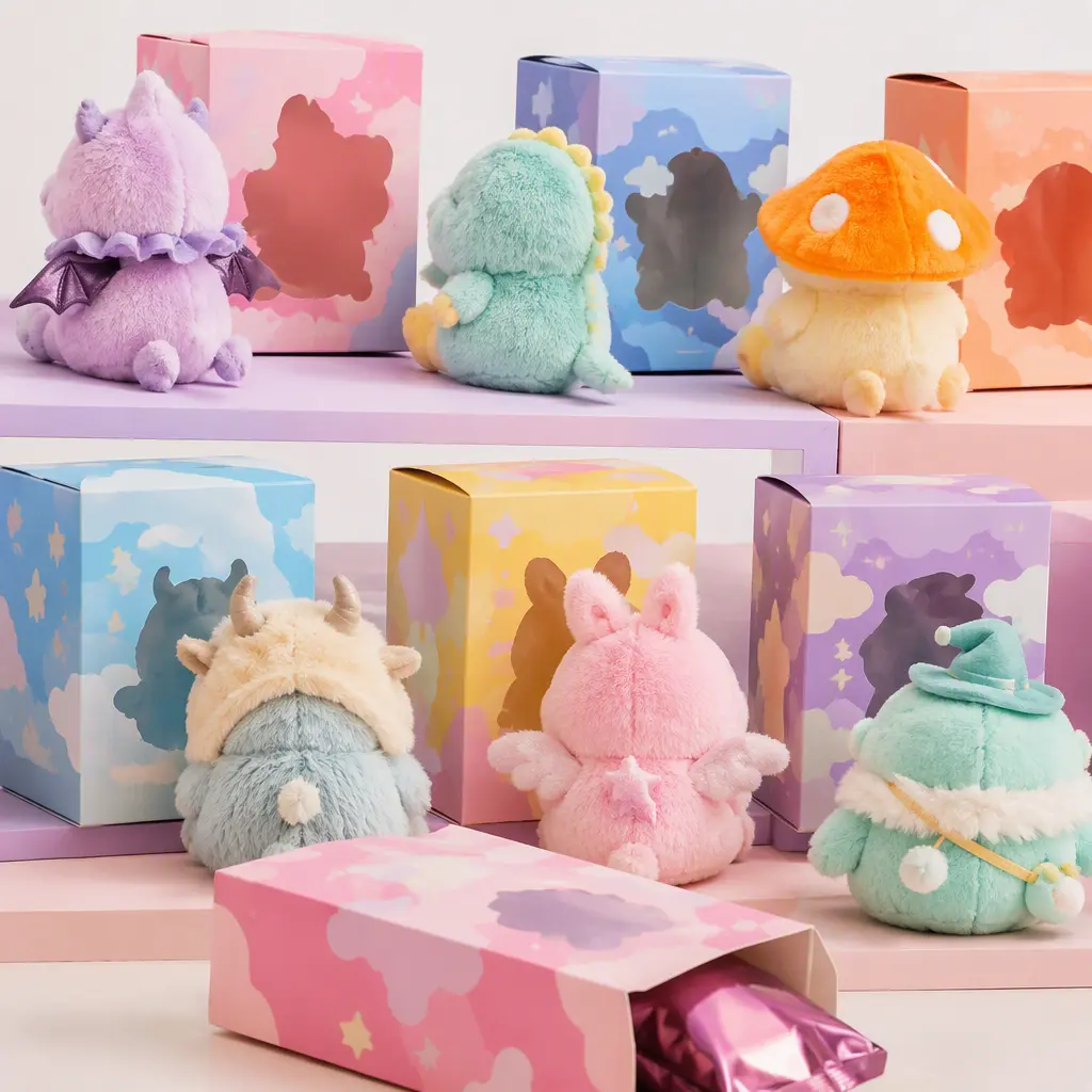Colorful collectible mystery plush toys displayed on pastel shelves in a studio setting