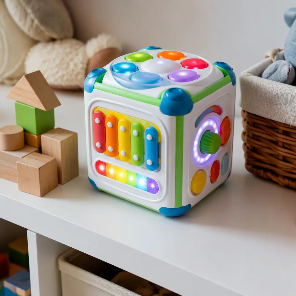 Interactive musical cube toy displayed on a nursery shelf with children's toys