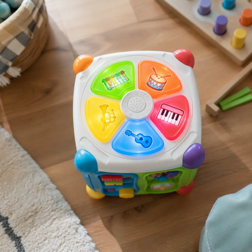 Top-down view of a colorful musical activity cube on a playroom floor