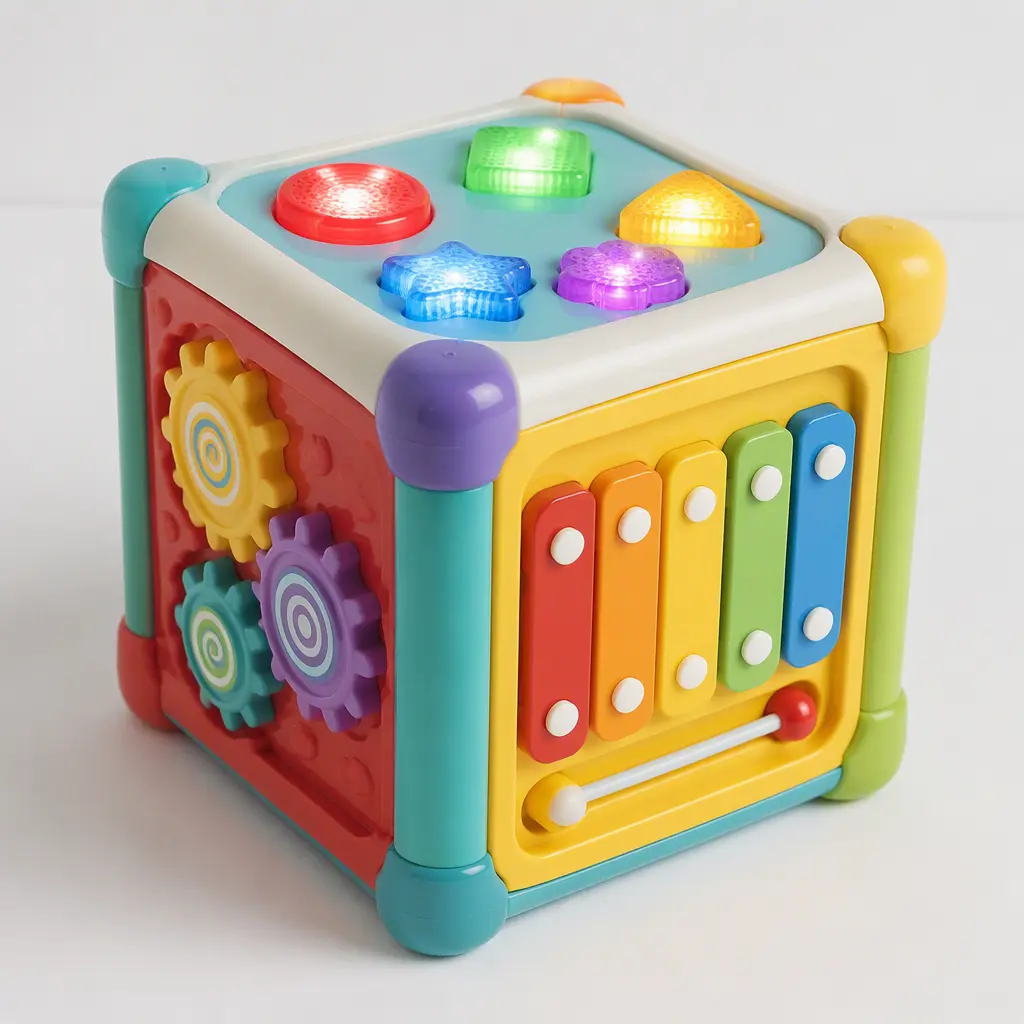 Colorful cube-shaped musical activity toy with illuminated buttons in a studio setting