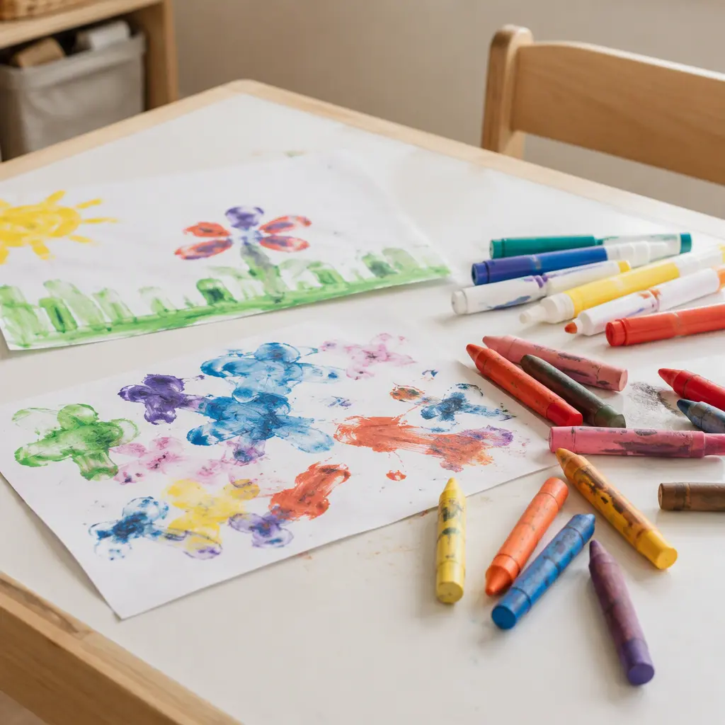 Oversized crayons and washable markers beside toddler artwork