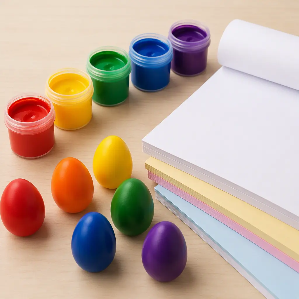 Toddler finger paints and egg-shaped crayons on a wooden surface