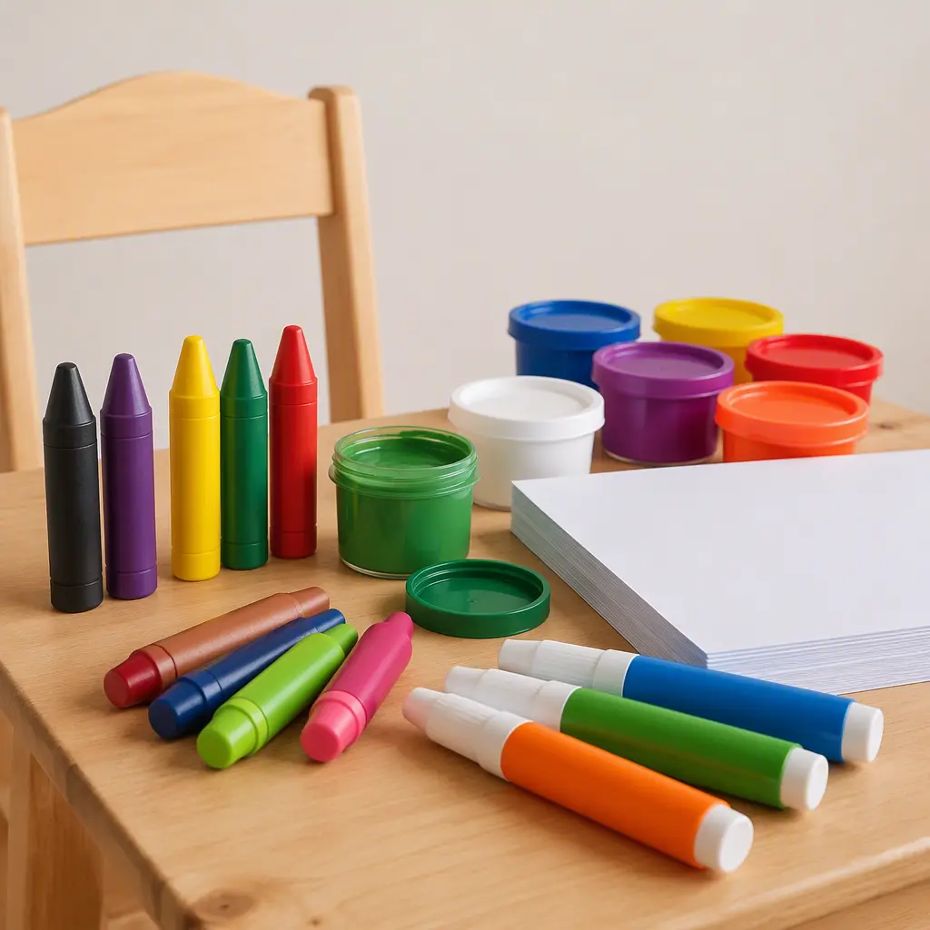 Toddler-friendly art supplies arranged on a small table in soft natural light