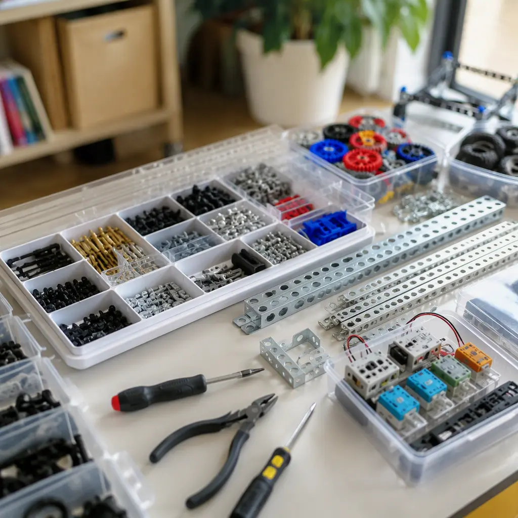 Reusable STEM building pieces and tools sorted into storage containers