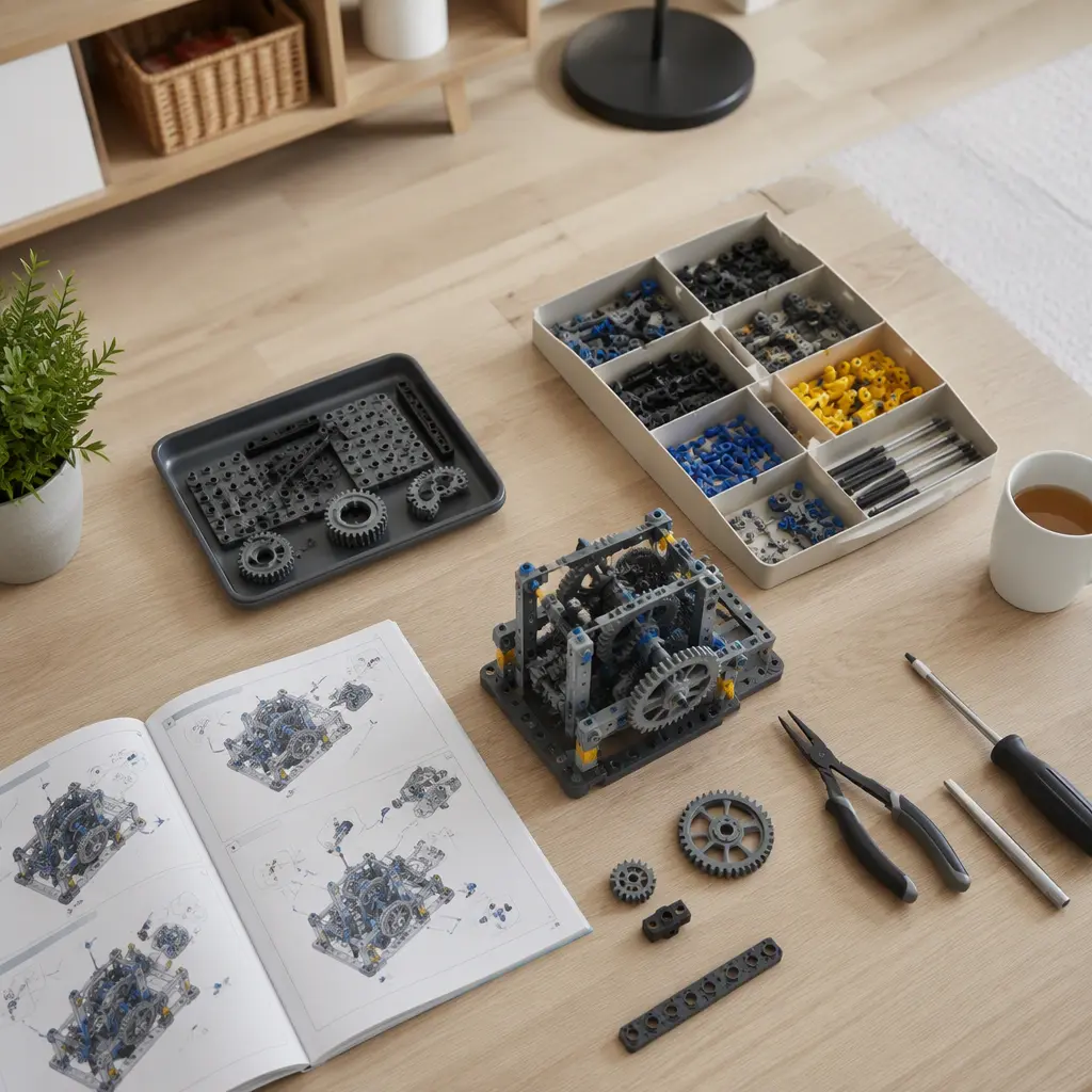 Partially assembled engineering toy with tools and reusable hardware