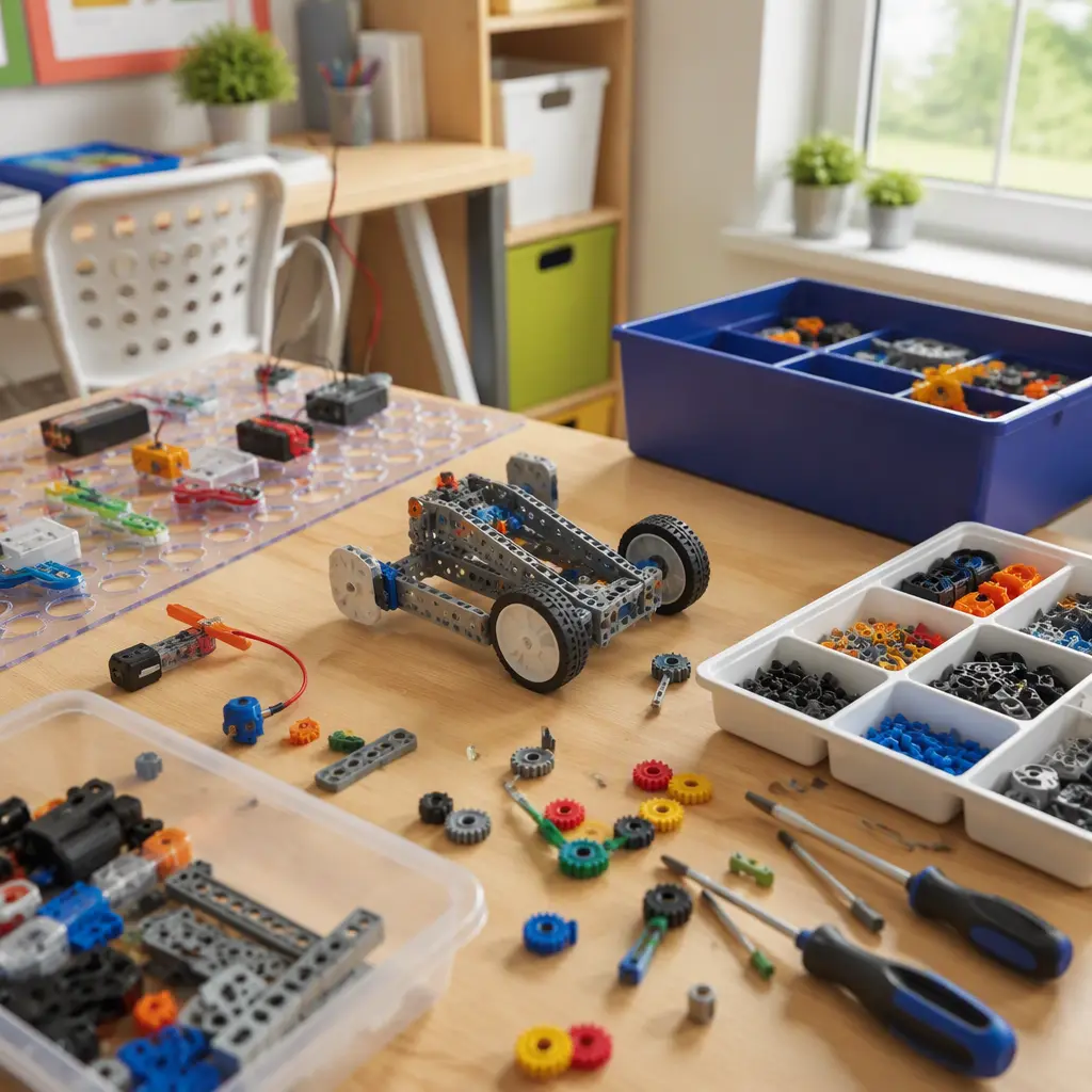 Offline STEM building toys and tools arranged on a table for older kids who enjoy tinkering