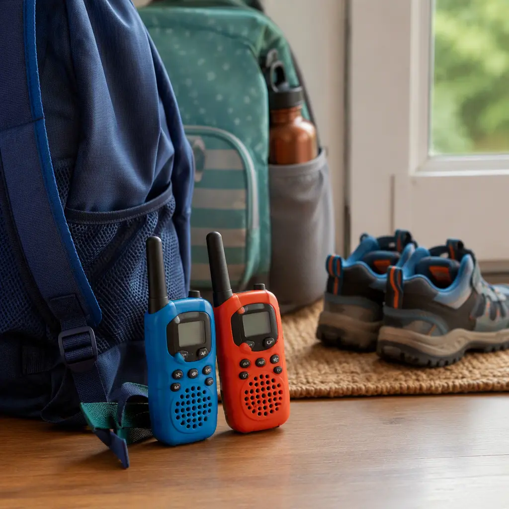 Children's walkie talkies placed near outdoor gear by a doorway