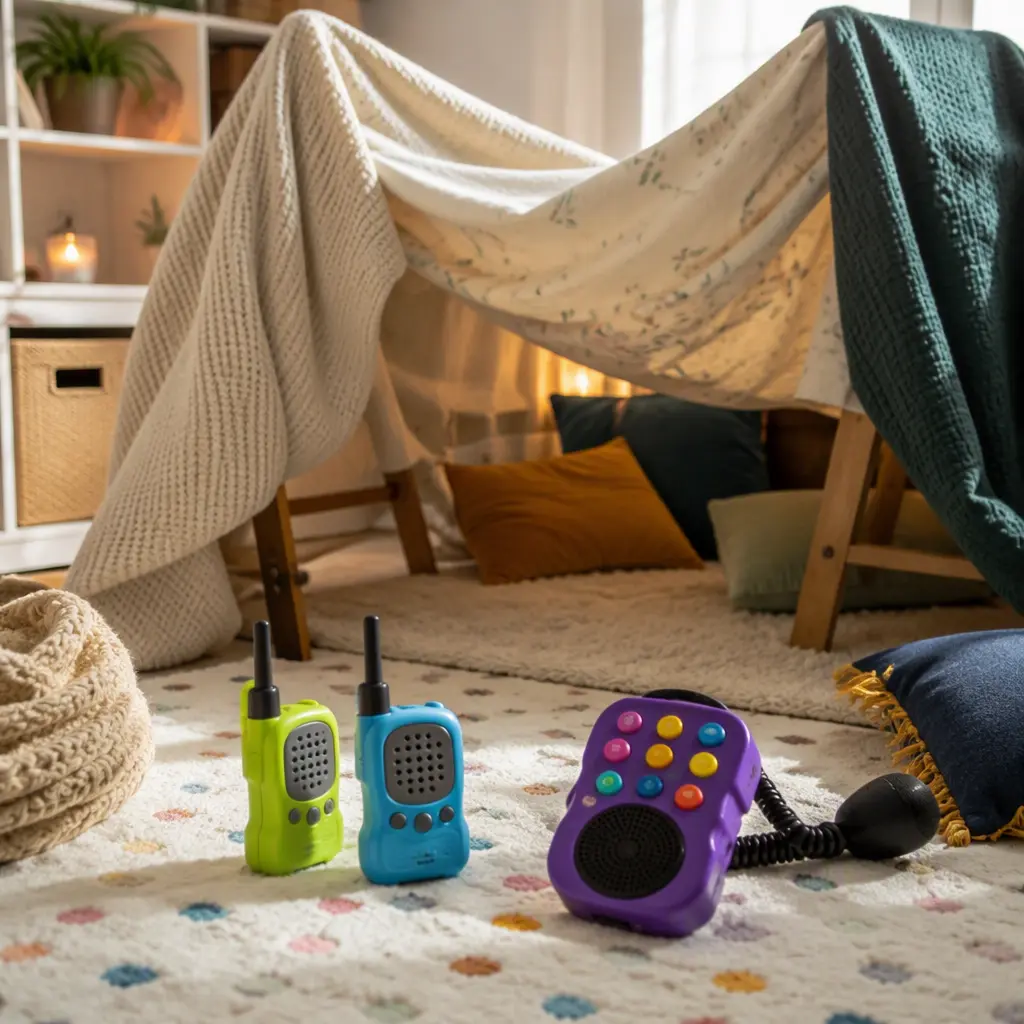 Walkie talkies and a voice changer toy beside a blanket fort in a family room
