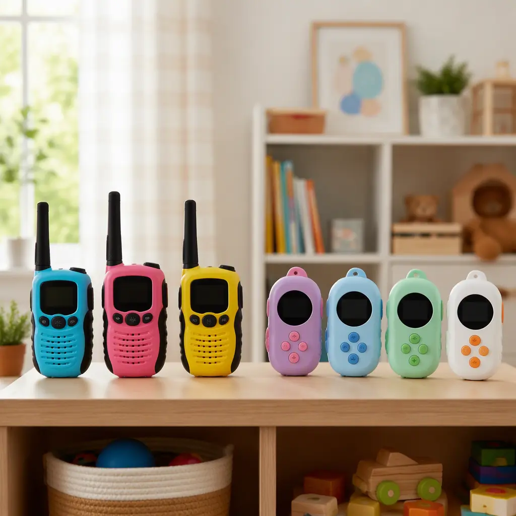 Kids walkie talkies and voice changer toys displayed on a shelf in soft natural light