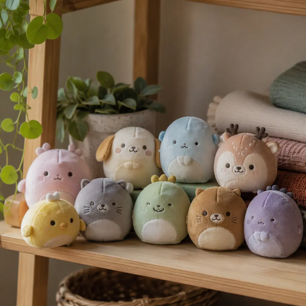 Collection of small plush toys displayed on a cozy shelf