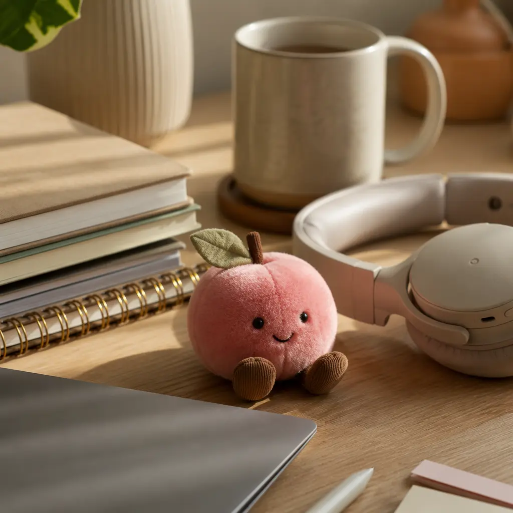 Small plush toy placed on a desk beside everyday objects