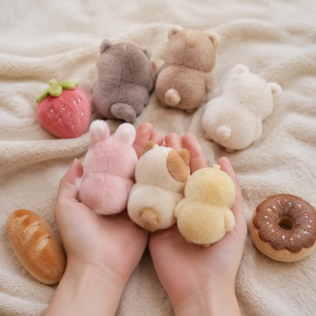 Small bean-filled plush toys displayed on a soft blanket and in open hands