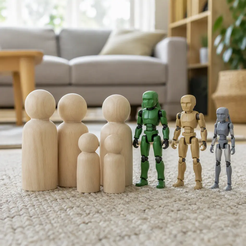 Wooden peg dolls and action figures arranged on a rug