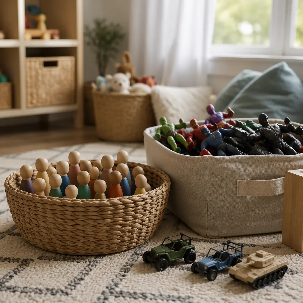 Storage baskets holding peg dolls and action figures in a playroom