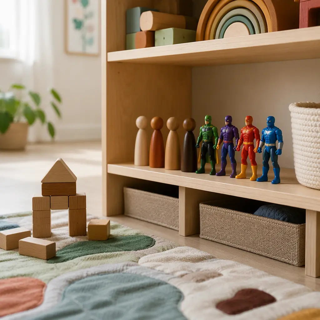 Wooden peg dolls and action figures on a playroom shelf in natural light