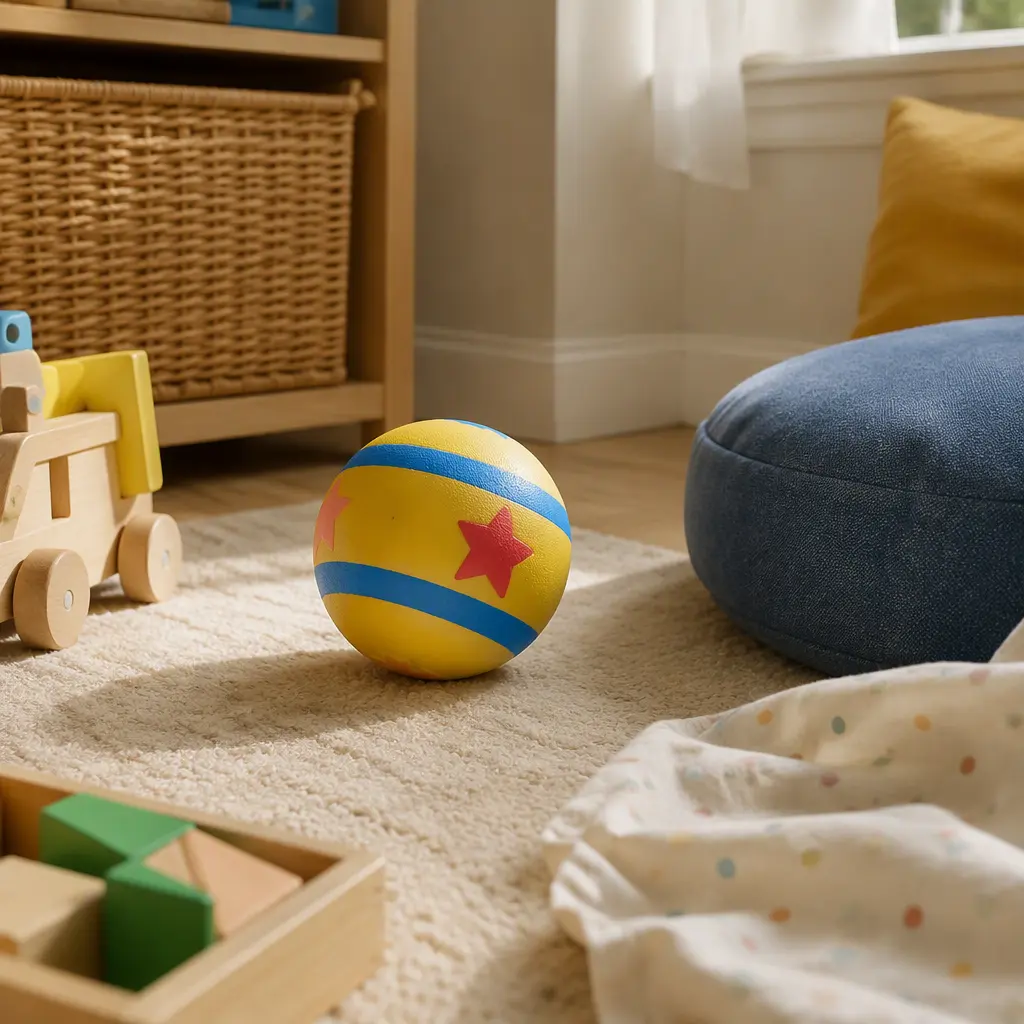 Striped yellow toy ball in a softly lit playroom beside wooden toys
