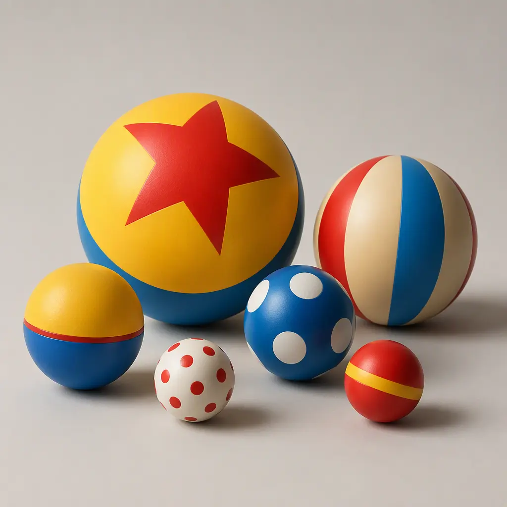 Different sizes of striped yellow toy balls displayed in a clean studio setting