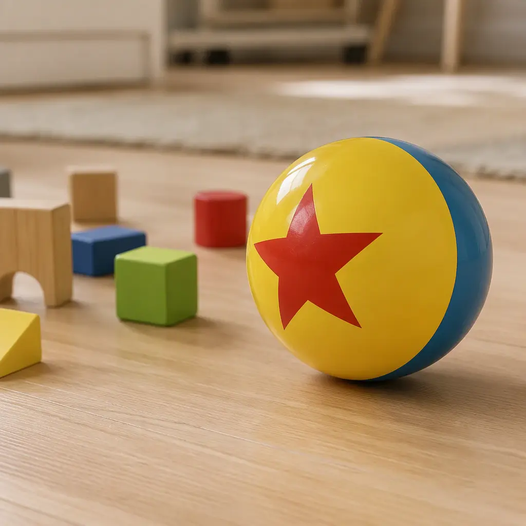 Yellow striped toy ball with red star accents on a wooden floor in soft natural light
